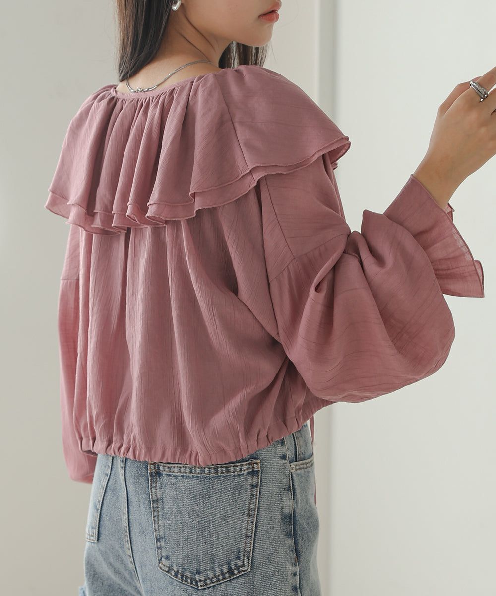 日本 Bab - 浪漫荷葉層次糖果袖襯衫-淺灰