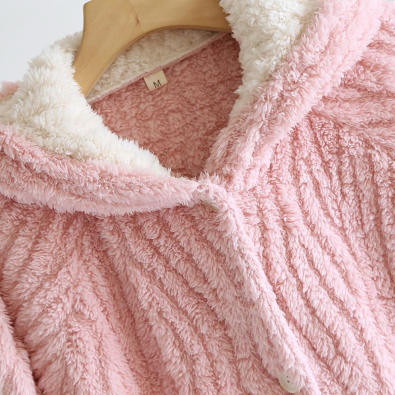 法蘭絨造型暖暖連身睡袍-兔子耳朵-米白色