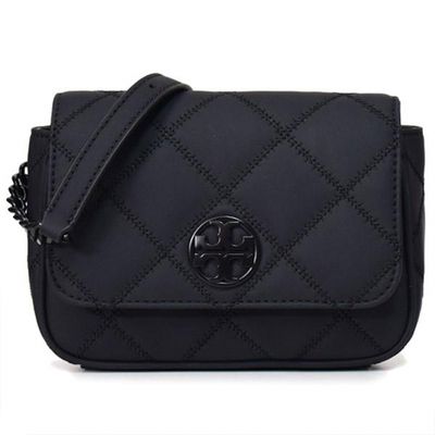 TORY BURCH - 格菱紋皮革翻蓋斜背包 (霧黑)