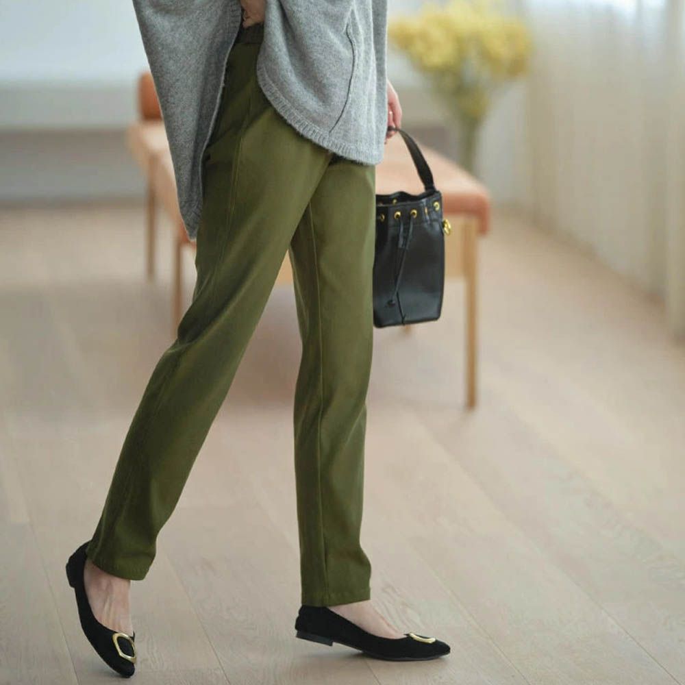 素肌感俐落彈力合身長褲(可選長度)-軍綠