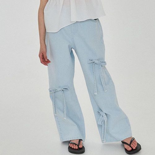 韓國 FORK CHIPS - 鬆緊腰蝴蝶結裝飾牛仔落地褲-淺藍
