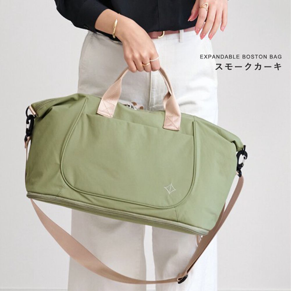 旅行系列 輕量防潑水波士頓包/登機包(可擴張)-煙燻綠