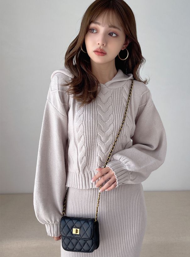 日本 GRL - 柔軟針織帽Tx長裙2件組-淺灰杏