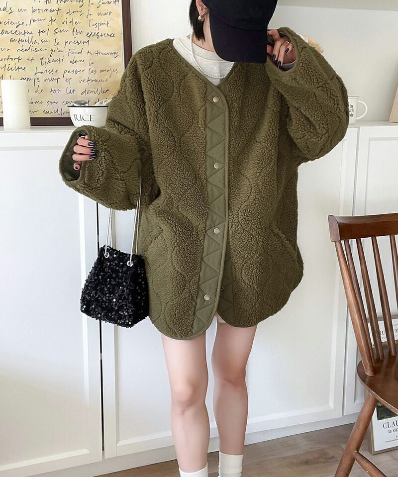 日本 Classical Elf - 寬版絎縫短絨毛呢外套-黑