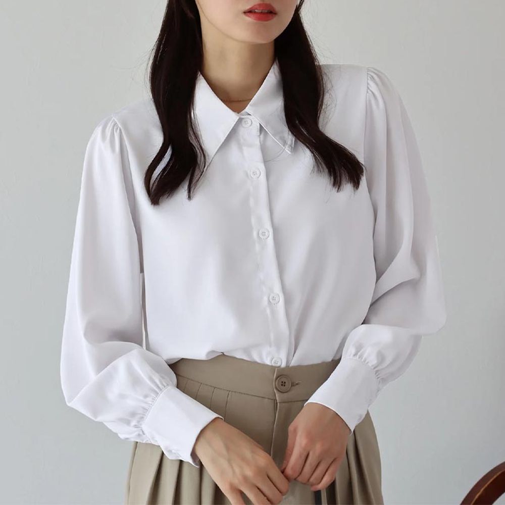 大人氣！優雅扭結雪紡長袖襯衫-白