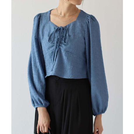 日本 BLUE EAST - 顯瘦氣質前綁帶長袖上衣-寶石藍