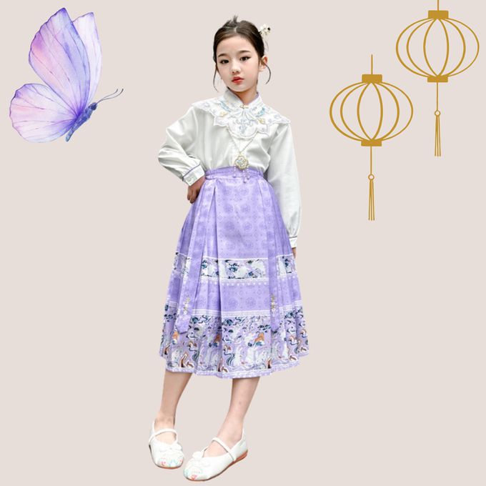 古風漢服旗袍領襯衫繡花領片馬面長裙套裝 新年拜年女童紫色長裙套裝