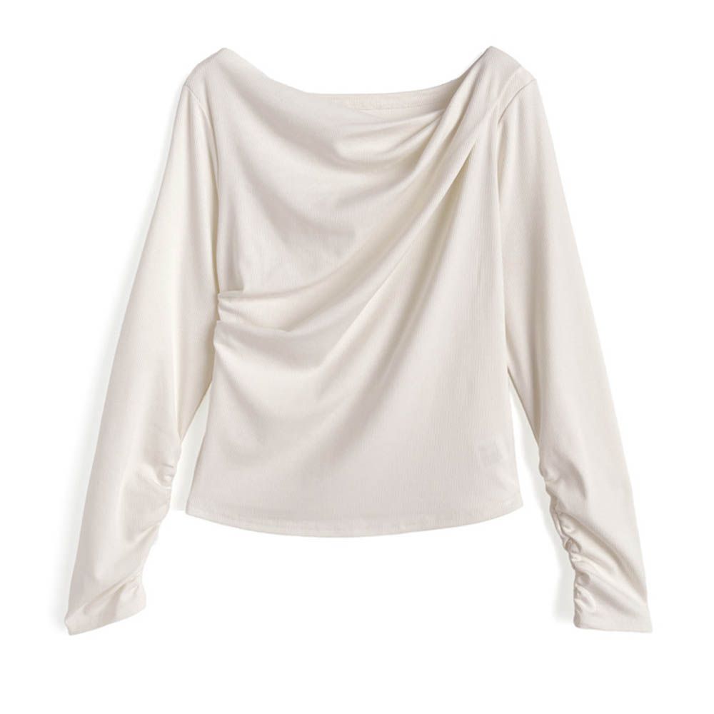 明星著用款！皺褶美肩長袖上衣-象牙 (F)