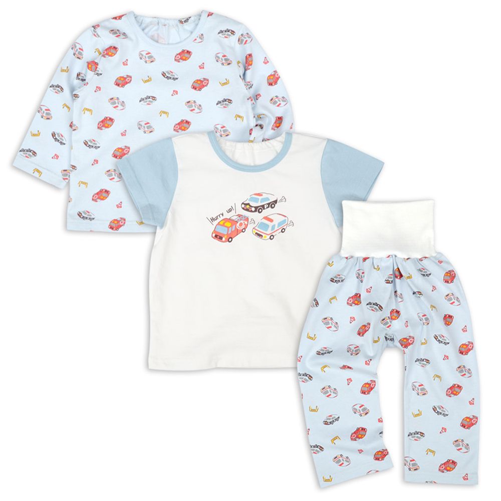 雙上衣家居服(短袖/長袖)-附肚圍 緊急車輛-淺藍色