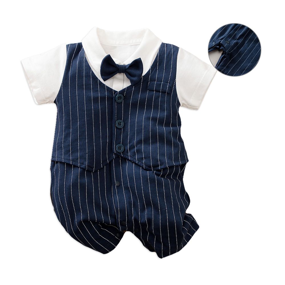 JoyNa - 短袖造型連身包屁衣 童裝 嬰兒連身衣 灰色-藏青條紋紳士款