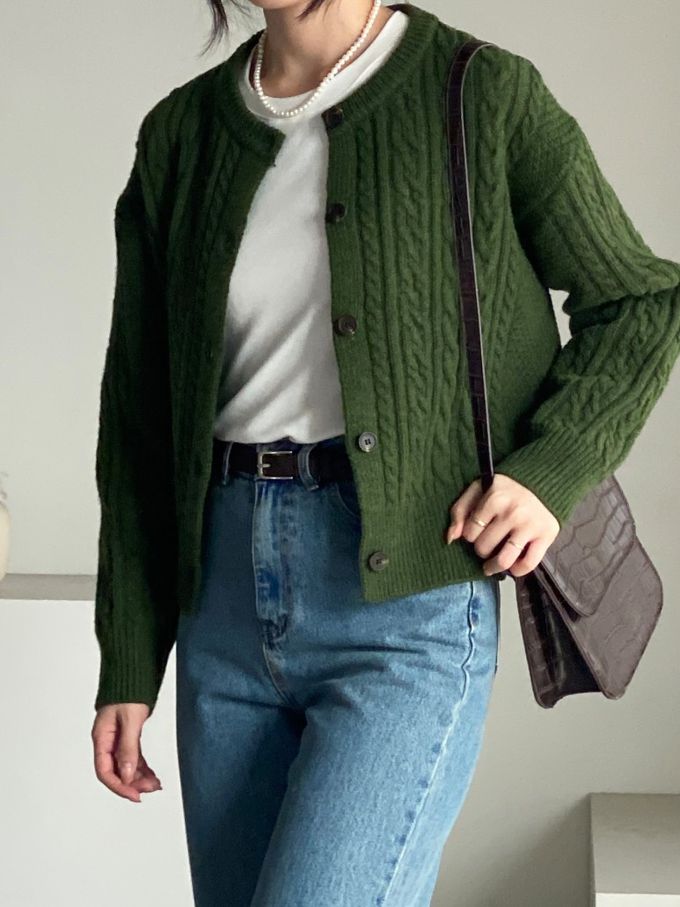 韓國女裝連線 - 麻花捲鈕扣無領針織外套-墨綠 (FREE)