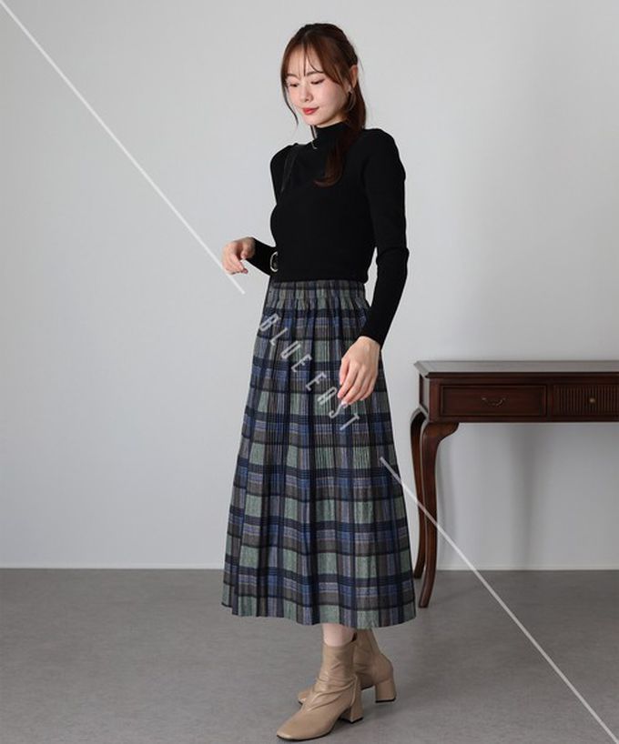 日本 BLUE EAST - 經典季節感格紋百褶長裙-咖啡系 (M)