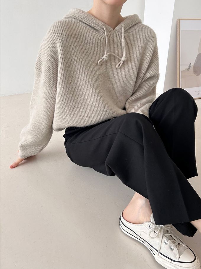 韓國女裝連線 - 連帽抽繩長袖針織上衣-米白 (FREE)