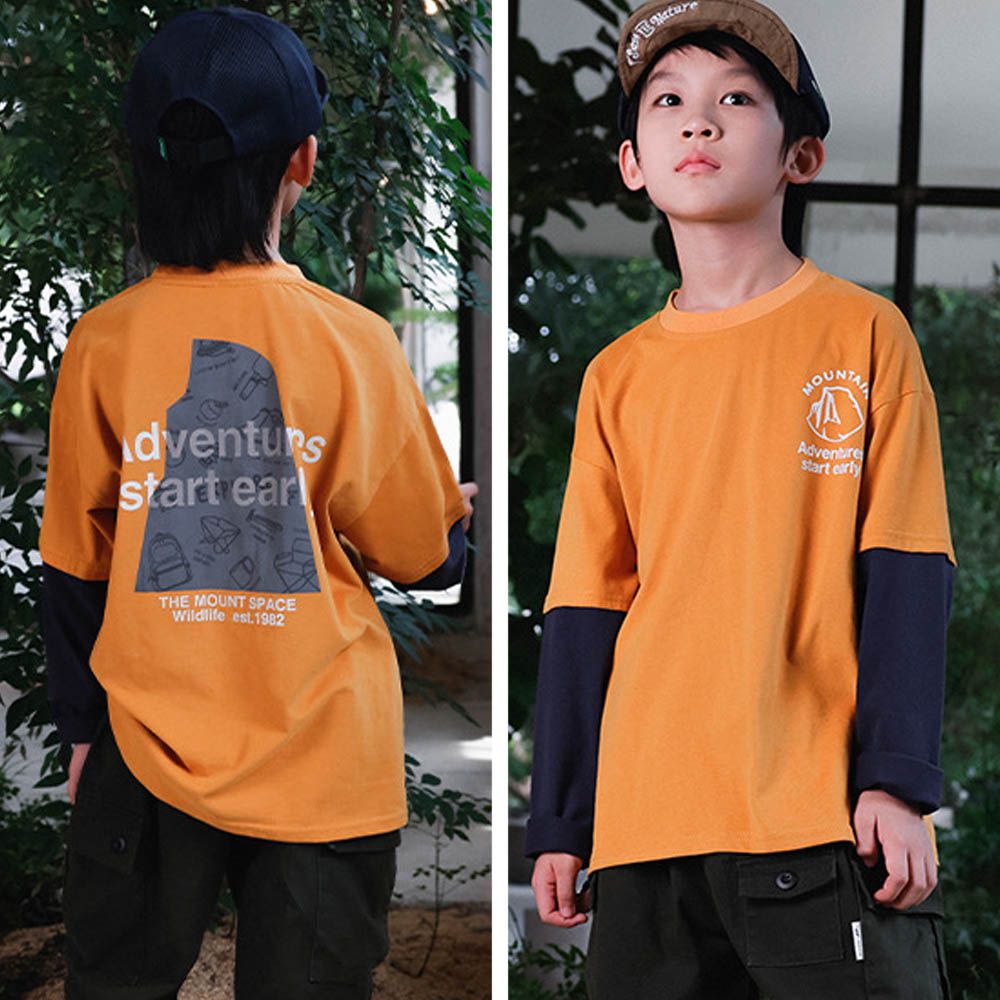 純棉圓領假兩件長袖上衣-山系圖騰-黃色