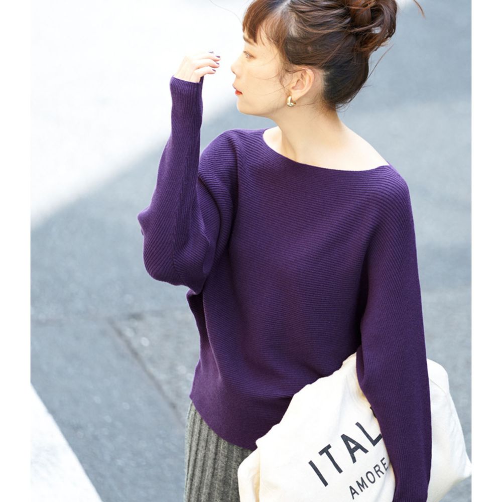 日本 COCA - 顯瘦船型領針織長袖上衣-紫