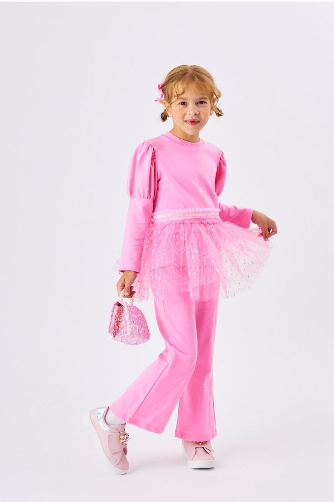 韓國 OZKIZ - 亮片網紗裝飾長袖微喇叭套裝-粉