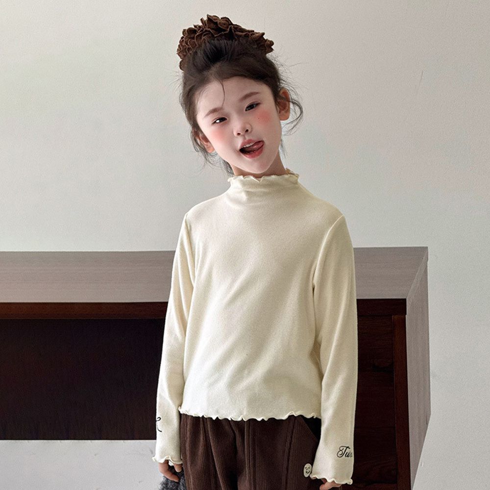 暖暖木耳邊高領長袖上衣-杏色