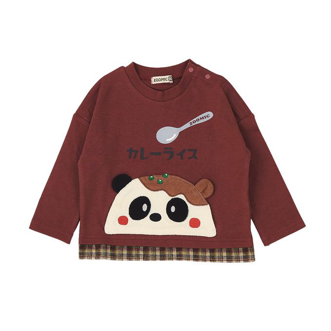 日本 ZOOLAND - 俏皮印花格紋拼接長袖上衣-療癒咖哩飯-酒紅