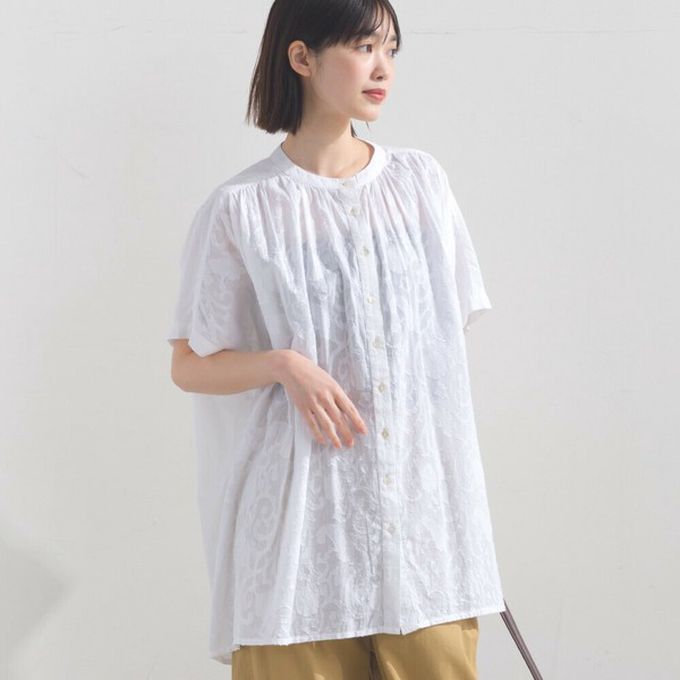 日本 OMNES - 100%棉 透膚感緹花短袖寬版襯衫-咖啡