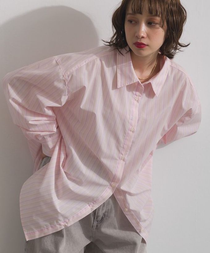 日本 ELENCARE DUE - 2way穿法俐落條紋寬版襯衫-卡其