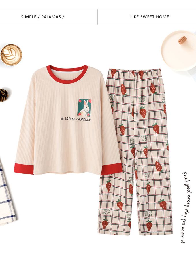 棉質休閒長袖家居服/睡衣套裝-格紋+兔兔-杏+紅