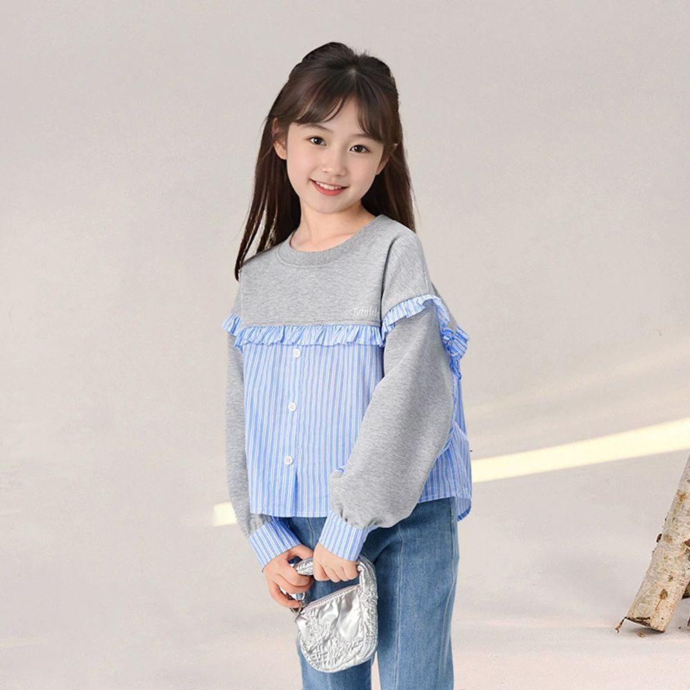 異材質拼接荷葉邊長袖上衣-灰色x藍條