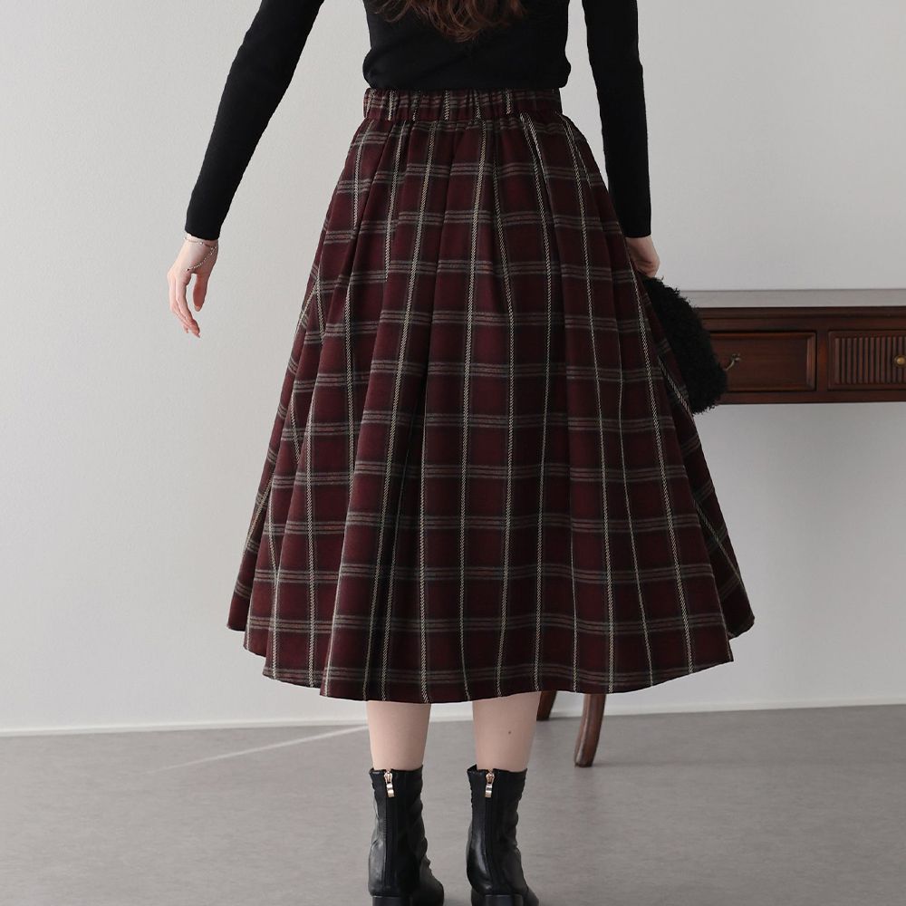 經典格紋挺版皺摺長裙(有口袋)-酒紅