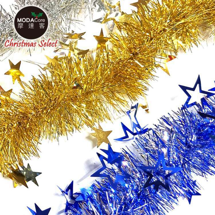 MODACore 摩達客 - 5吋簍空雙色星星彩條金蔥條龍柱(3條一組-顏色隨機出貨) 可掛聖誕樹/門窗邊/牆沿/派對裝扮用