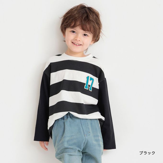 日本 BRANSHES - 休閒粗橫條落肩長袖上衣-數字-黑