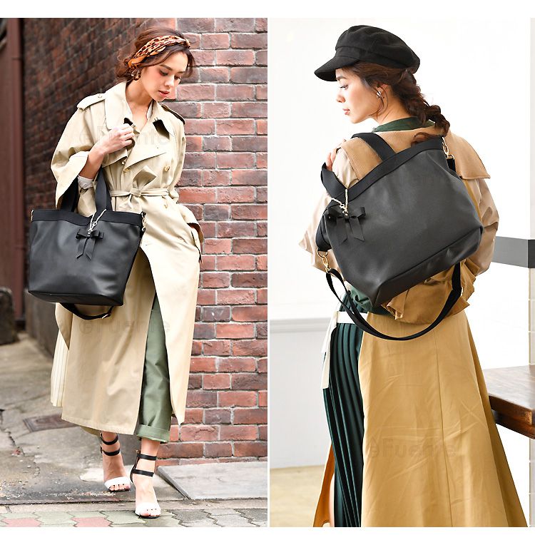 日本 Fuente - 簡約蝴蝶結吊飾2way托特包/手提包-時尚黑 (31x30x16cm)