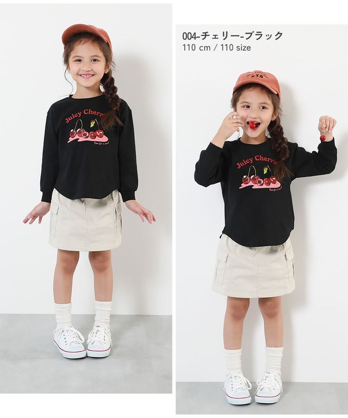 日本 devirock - 100%棉 女孩印花長袖上衣-鮮美櫻桃-白