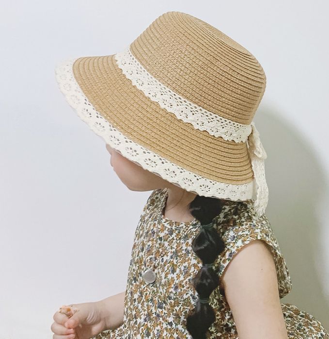 兒童透氣遮陽帽/編織草帽-蕾絲蝴蝶結-米色 (48-50CM)