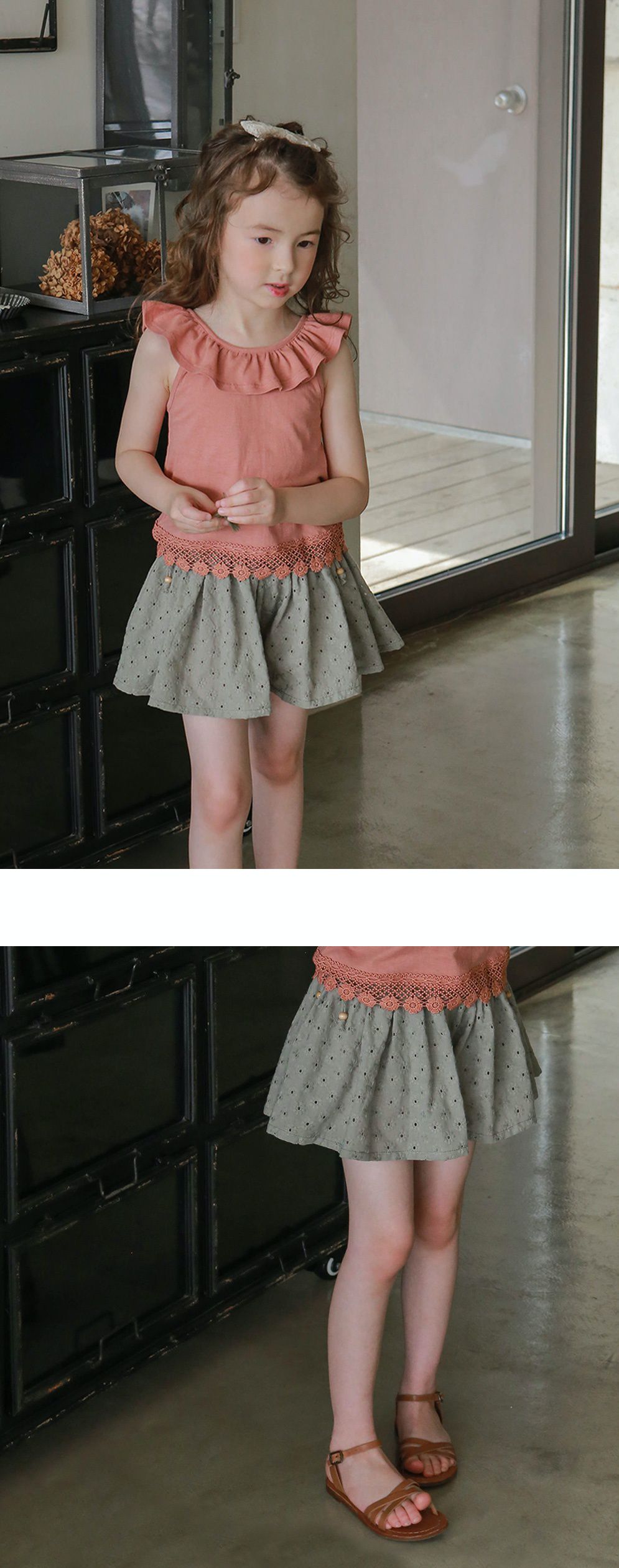 韓國 PuellaFLO - 刺繡後空花朵寬褲裙-綠