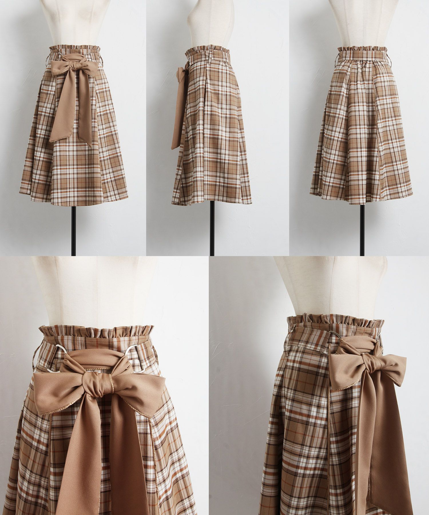 日本 tocco-closet - 蝴蝶紐結格紋修身長裙-簡約黑