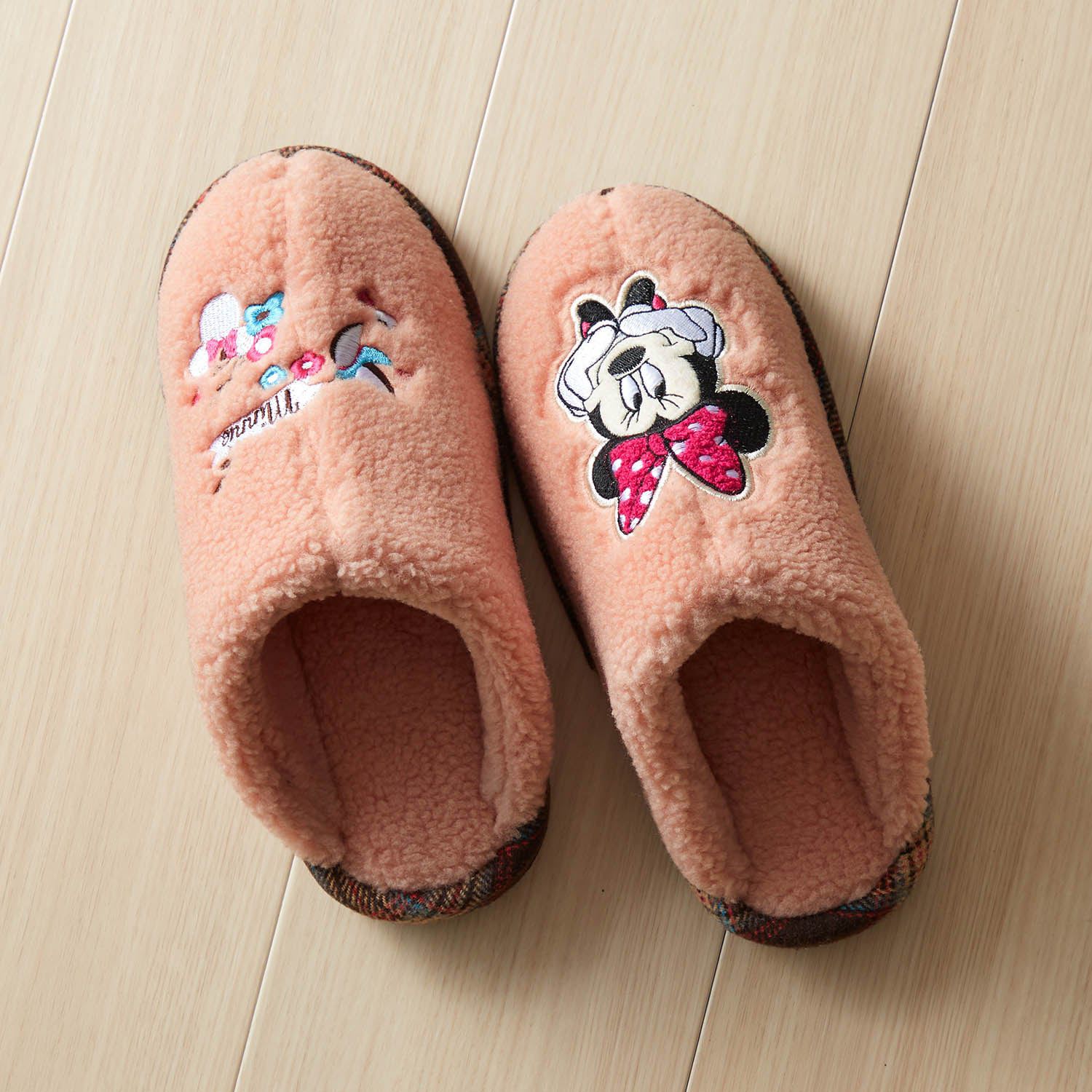 日本千趣會 - 迪士尼 刷毛保暖室內拖鞋-米妮捧臉-粉紅