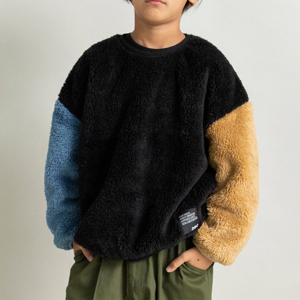 泰迪熊雙面毛絨可愛長袖上衣-黑x藍橘撞色