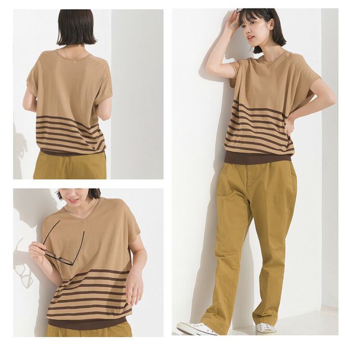 日本 OMNES - 接觸冷感 優雅小V領短袖上衣-棕色系條紋