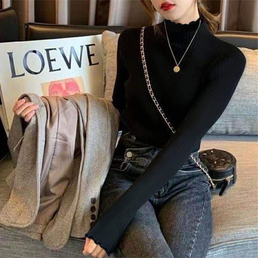 甜美木耳立領羅紋長袖上衣-黑