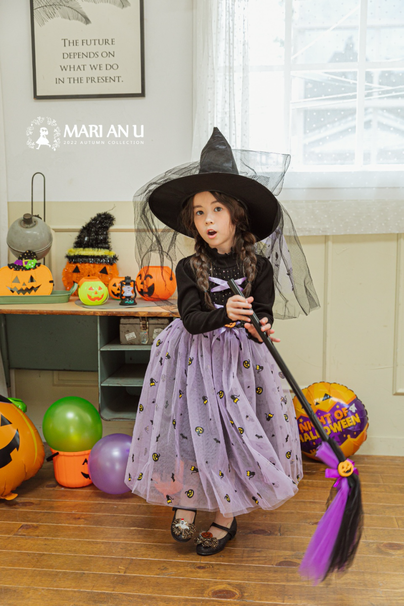 韓國 Mari an u - 萬聖節魔女南瓜網紗洋裝-黑X紫