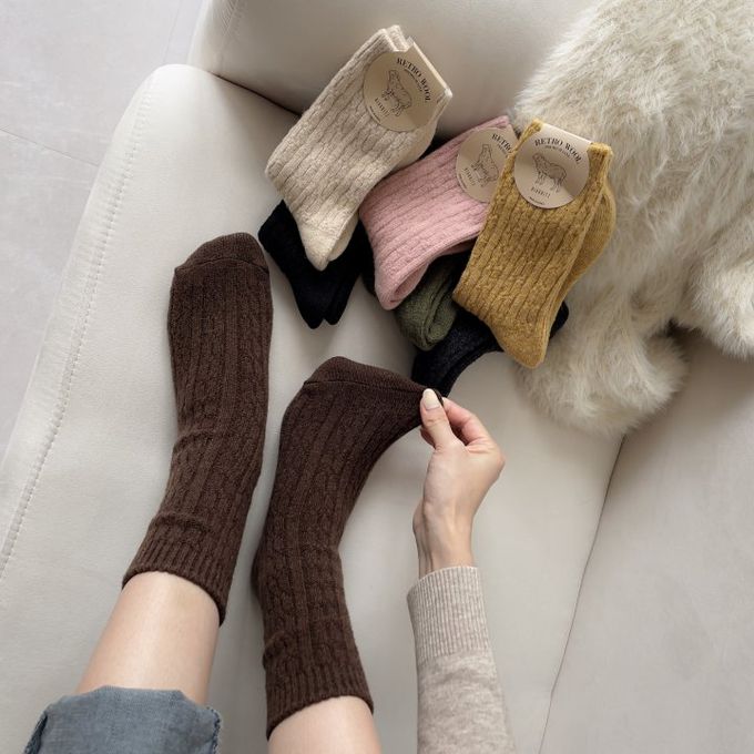 韓國Marian - 花紋素色羊毛保暖襪-芥茉黃 (Free)