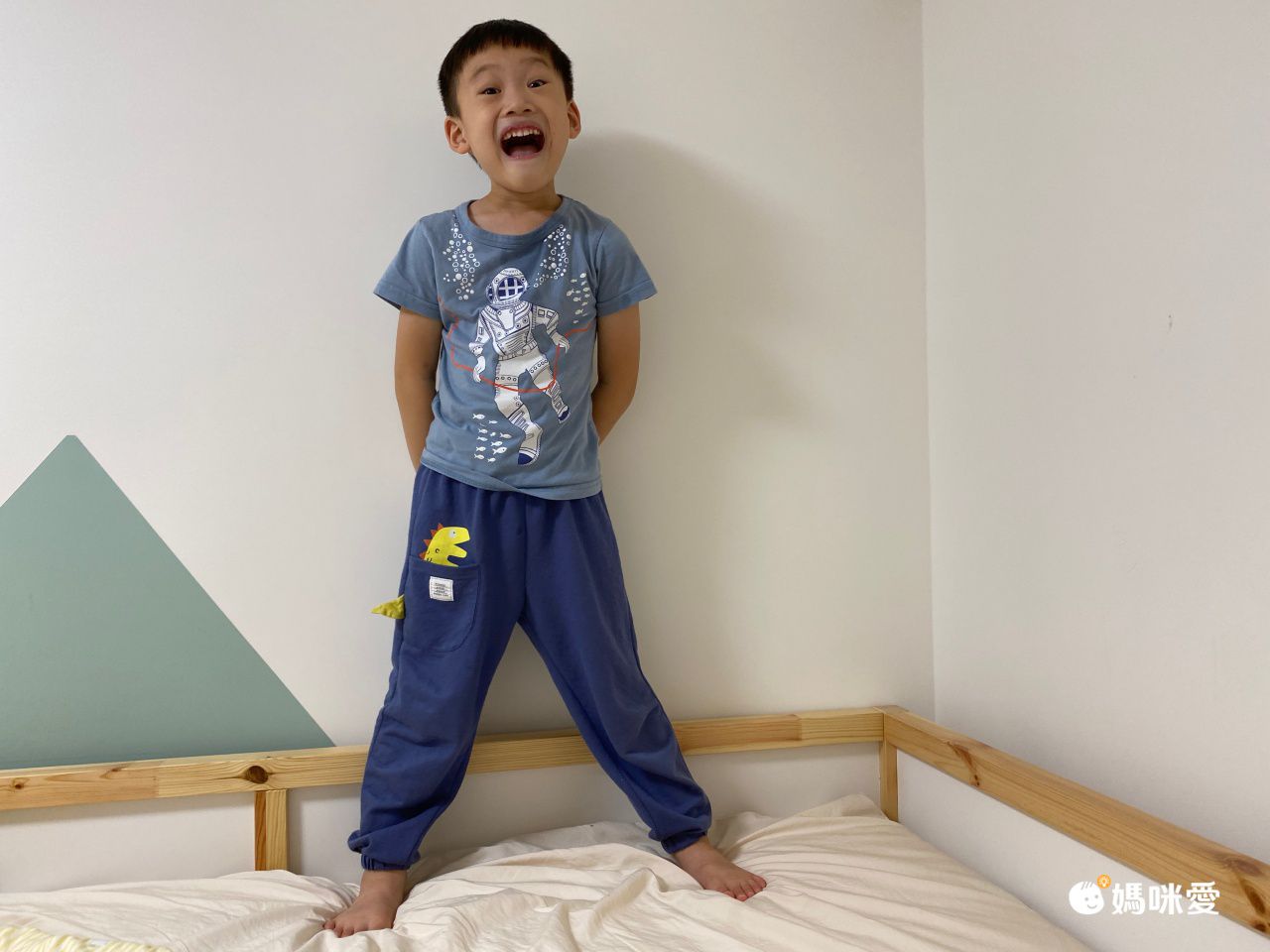 立體圖樣束口長褲/防蚊褲-小嘴嘴恐龍-牛仔藍