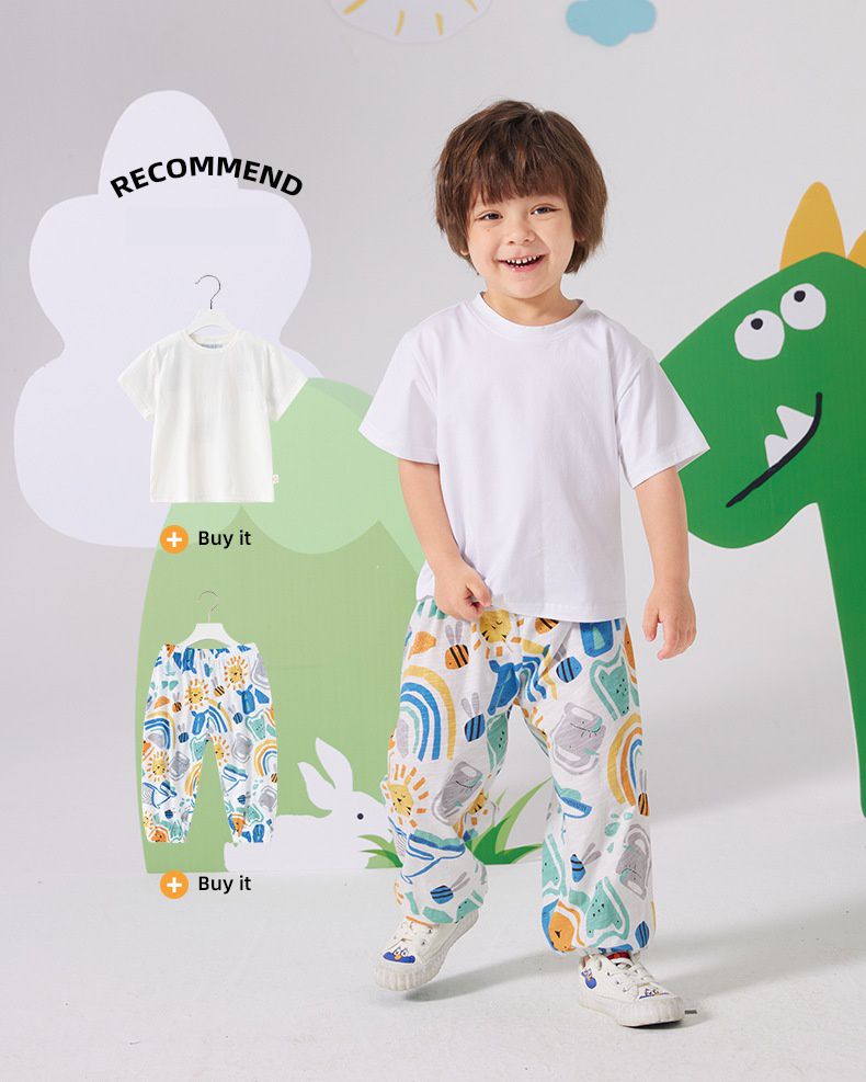 純棉束口長褲/防蚊褲-動物世界-白色