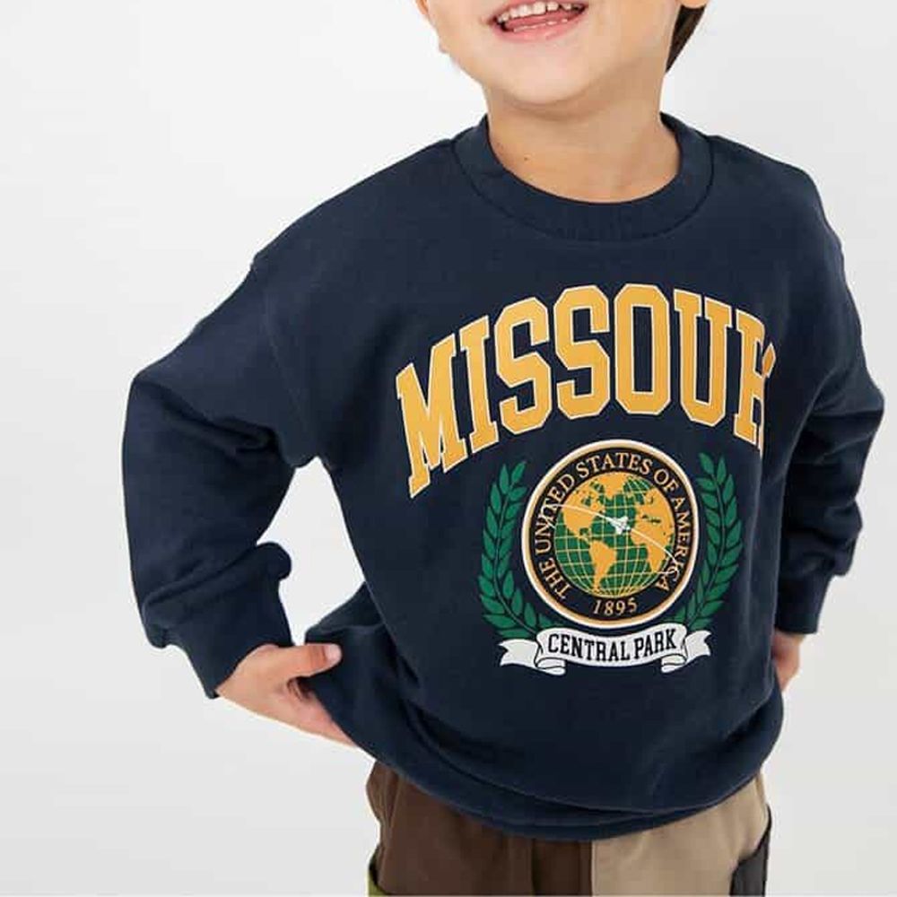 美式印花純棉裏毛長袖上衣-密蘇里州-海軍藍