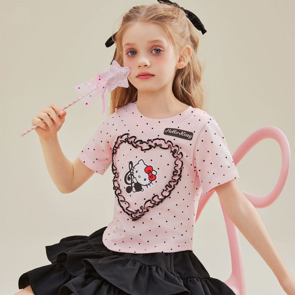 純棉荷葉邊愛心短袖上衣-卡通人物Hello Kitty-粉色