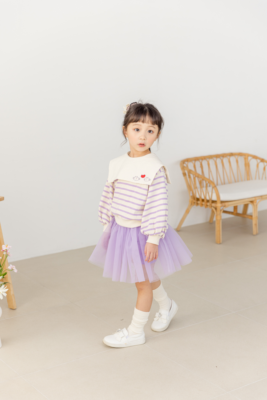 韓國 Orange Mom - 方領條紋貓咪上衣-紫