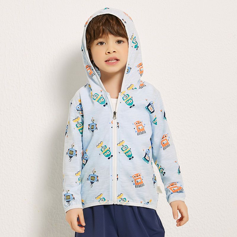 純棉連帽防曬外套/空調外套-小小機器人-白色