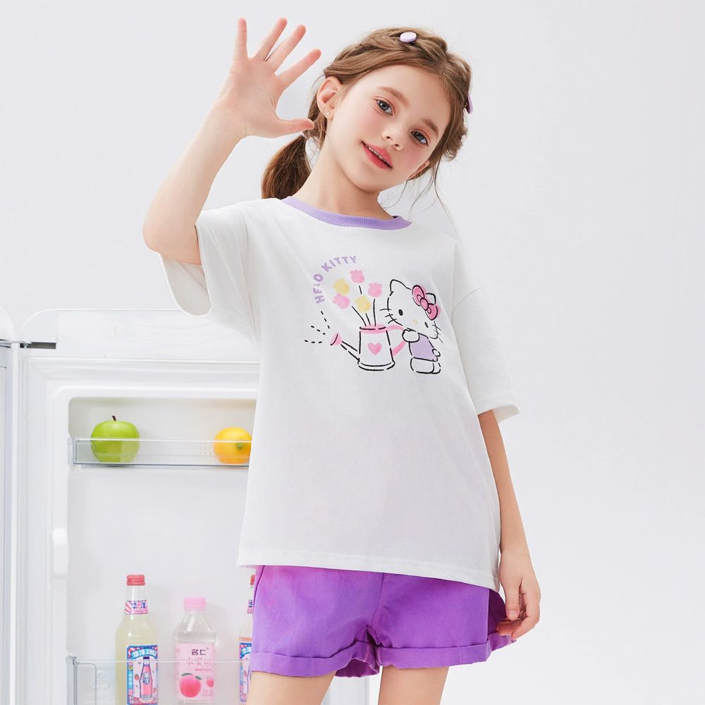 撞色短袖上衣+漸層反折短褲套裝-卡通人物Hello Kitty-白色