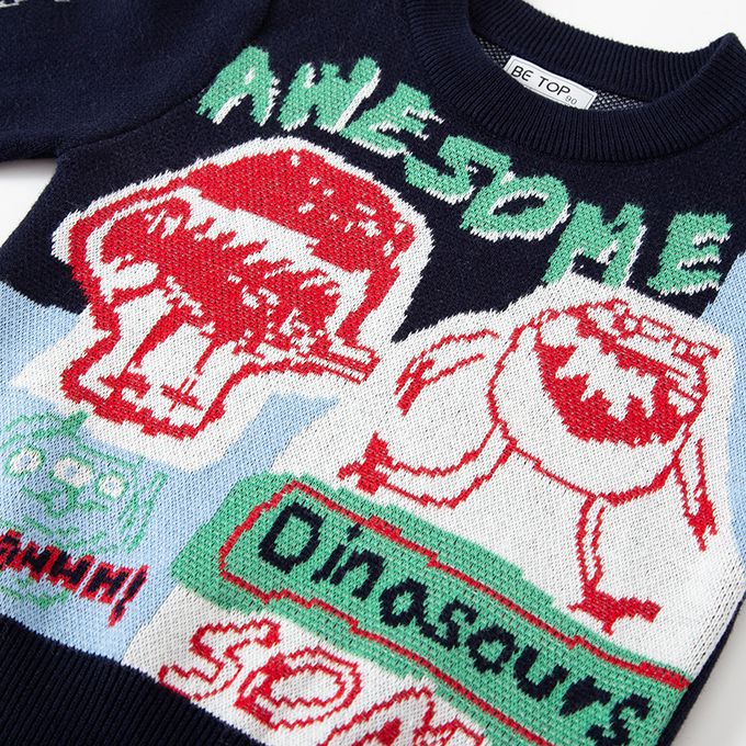純棉圓領針織長袖上衣-抽象風恐龍-深藍+藍