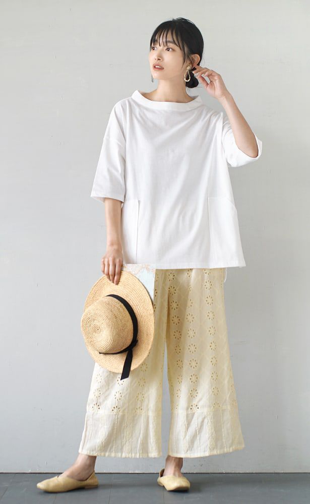 日本 zootie - 大圓領雙口袋落肩五分袖上衣-天使白