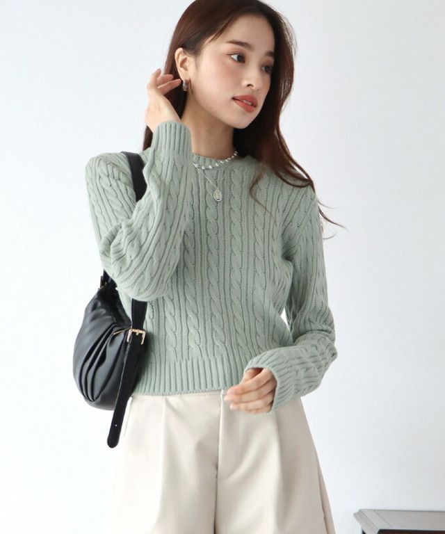 日本 BLUE EAST - 經典圓領麻花編針織上衣-灰綠